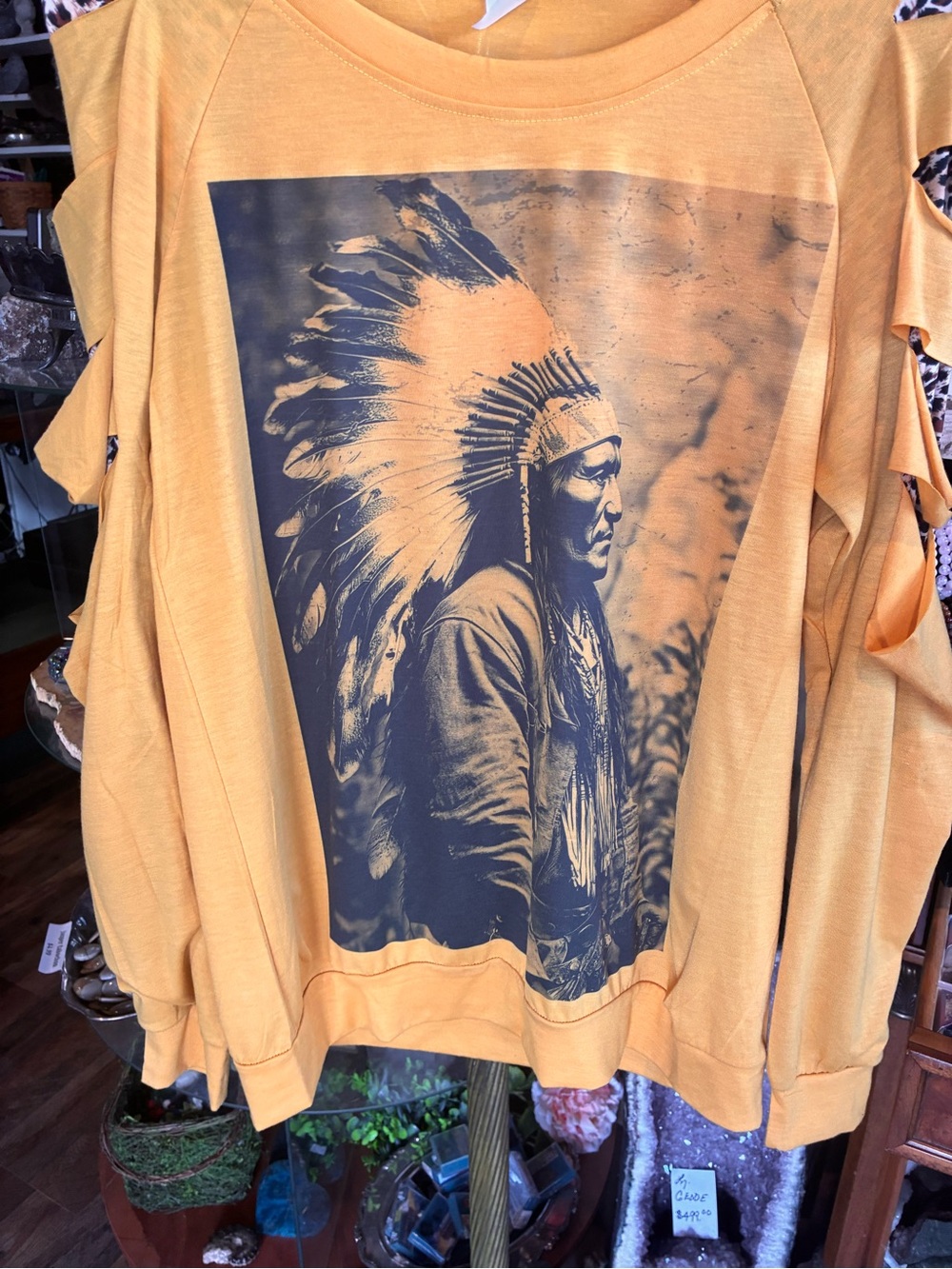Long-Sleeve Graphic Tee Indian Profile in Yellow with Leopard Print - Picture 3 of 6